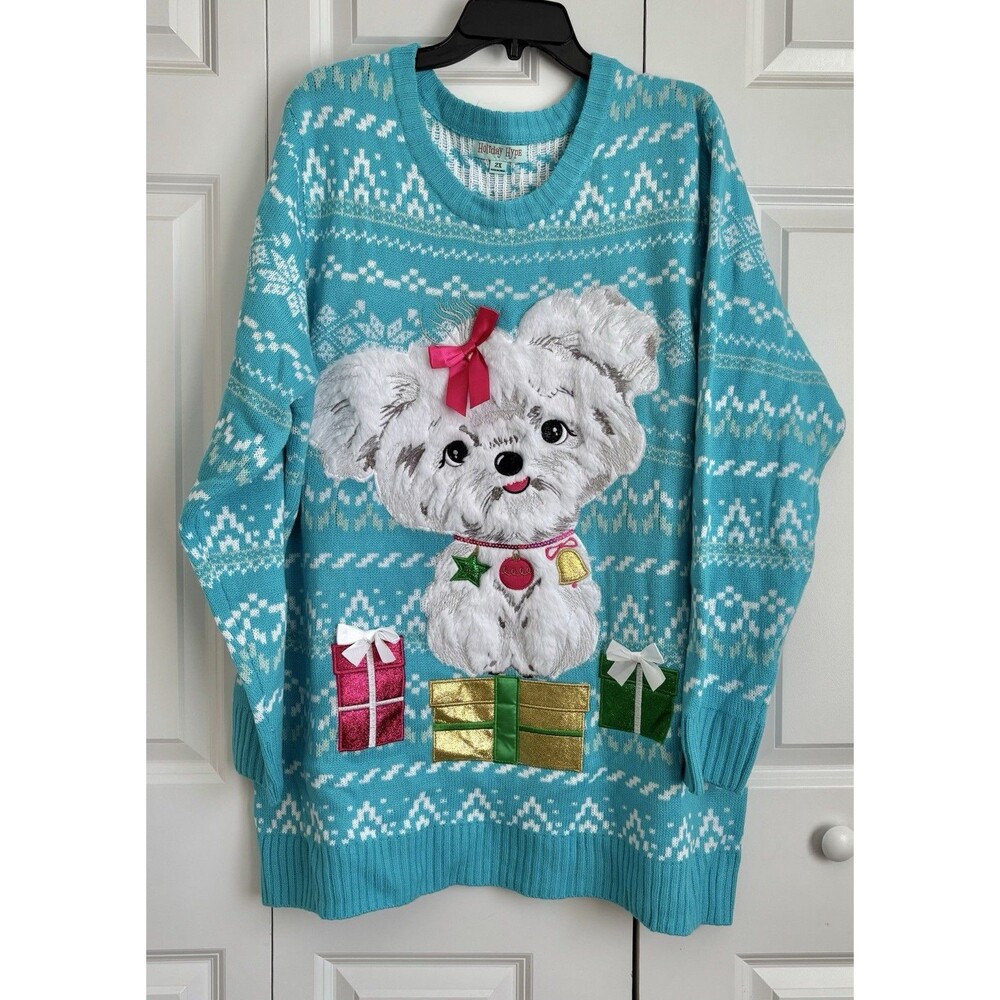 Ugly Christmas Sweater Women Blue Dog Crew Neck Pullover Knit Oversized Holiday